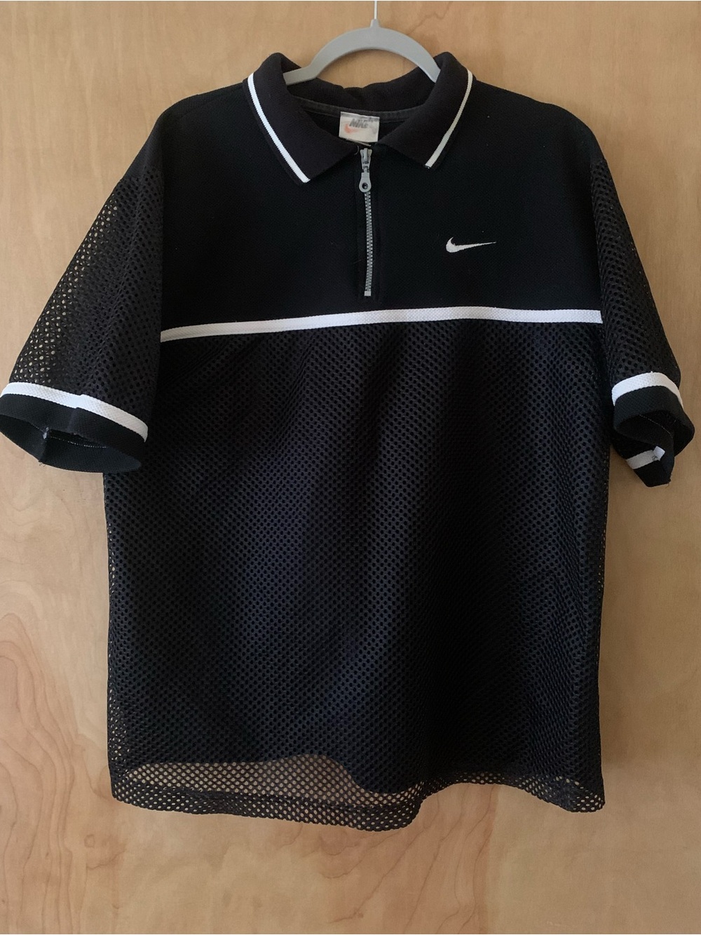 Rare Vintage 90’s Nike Black Mesh 1/4-Zip Polo‎ with White Trim L Made in USA